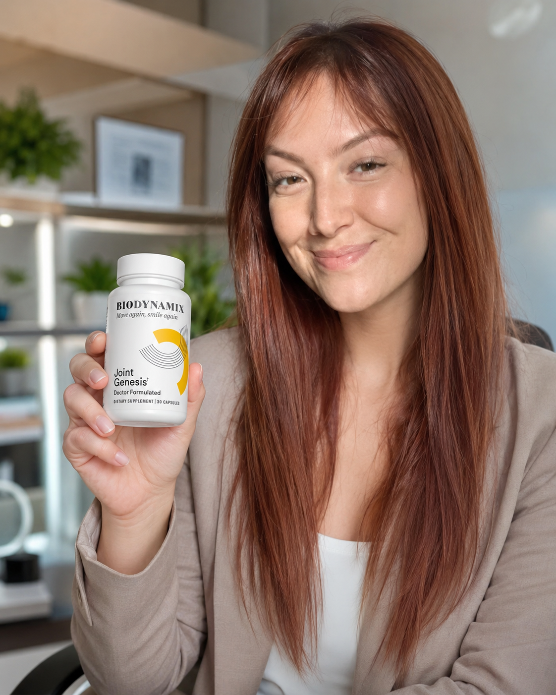 FlexLabReviews writer Dana Holloway holding a bottle of Joint Genesis by BioDynamix