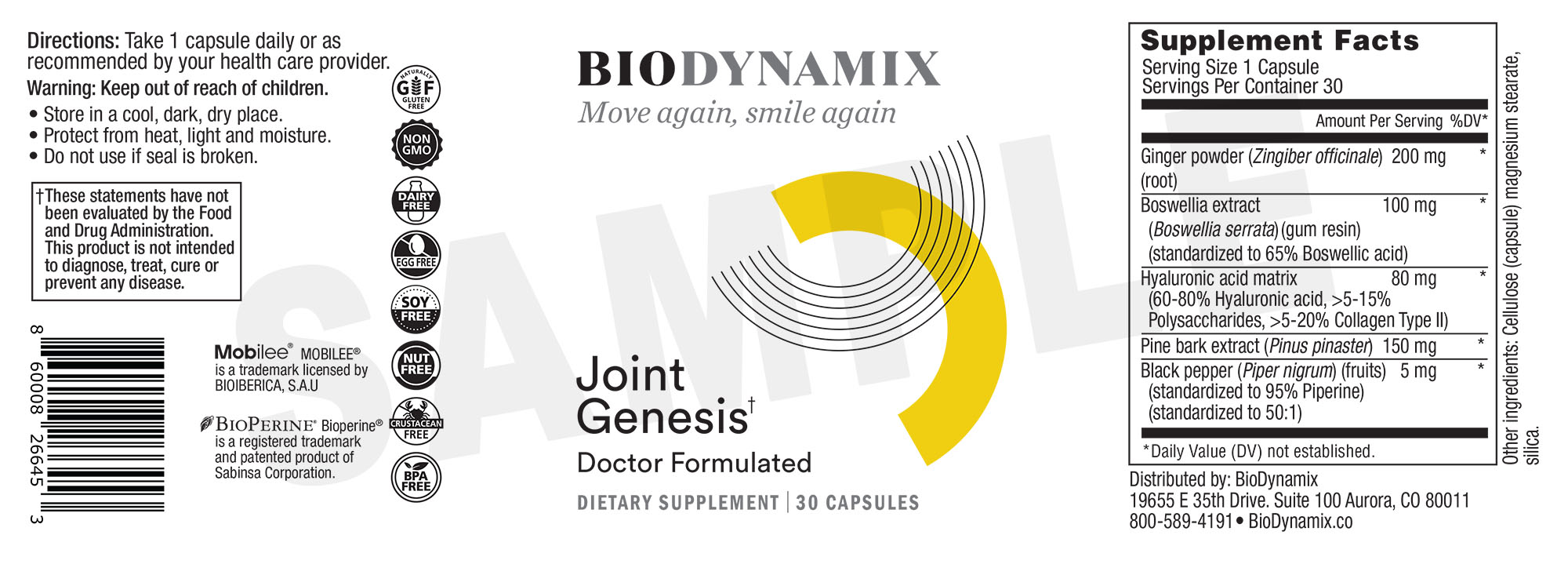 Joint Genesis Supplement Facts label showing ingredient doses: ginger 200mg, Boswellia 100mg, hyaluronic acid matrix 80mg, pine bark 150mg, black pepper 5mg